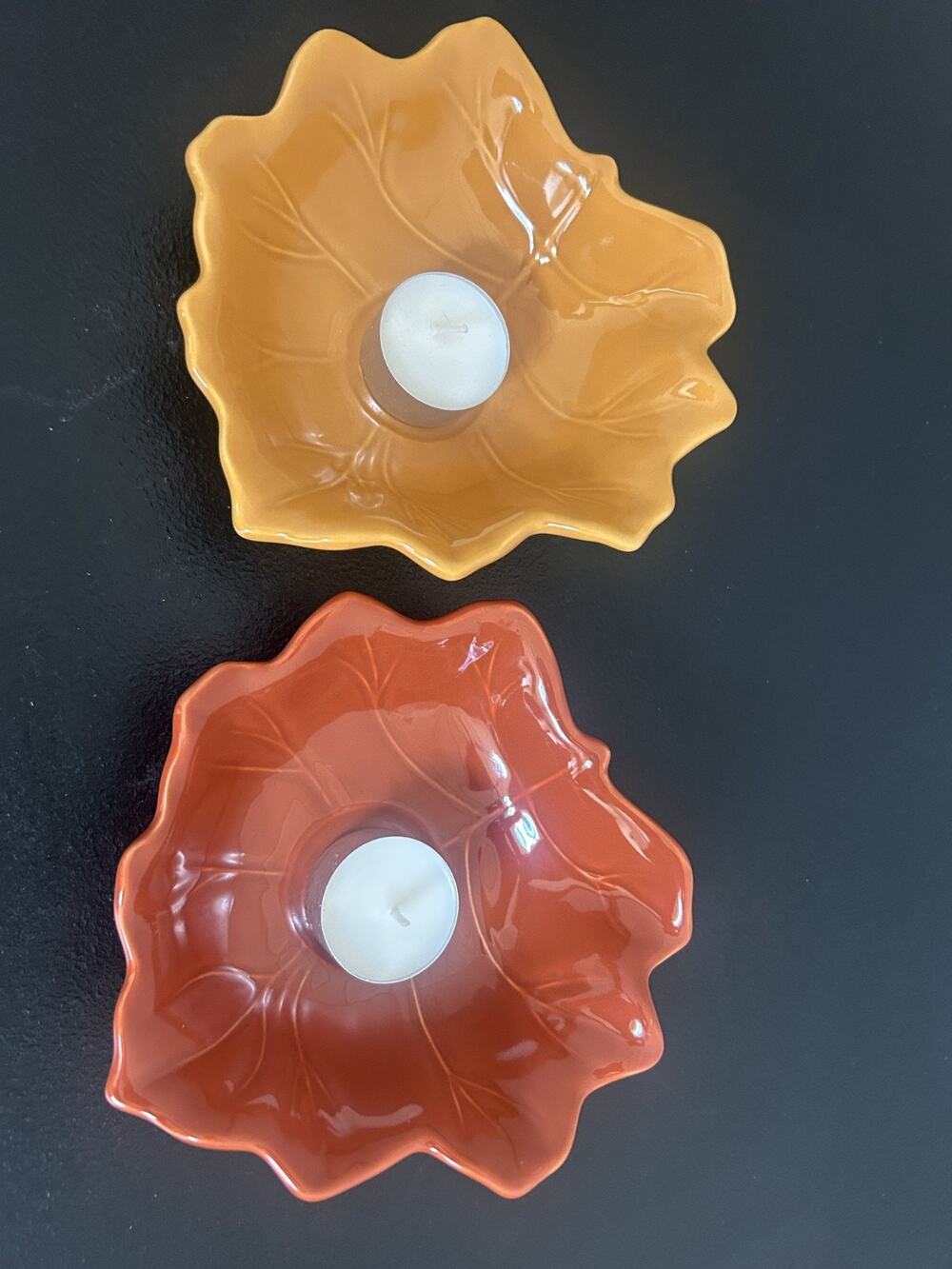 PFALTZGRAFF STONEWARE LEAF Autumn Fall Harvest TEA LIGHT Candle HOLDERS set 2